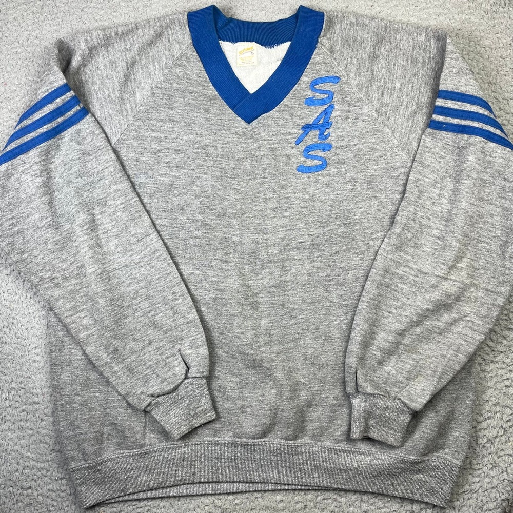 Sportswear Sweatshirt Mens XL Gray Blue V-Neck SAS Stripes Vintage 80s